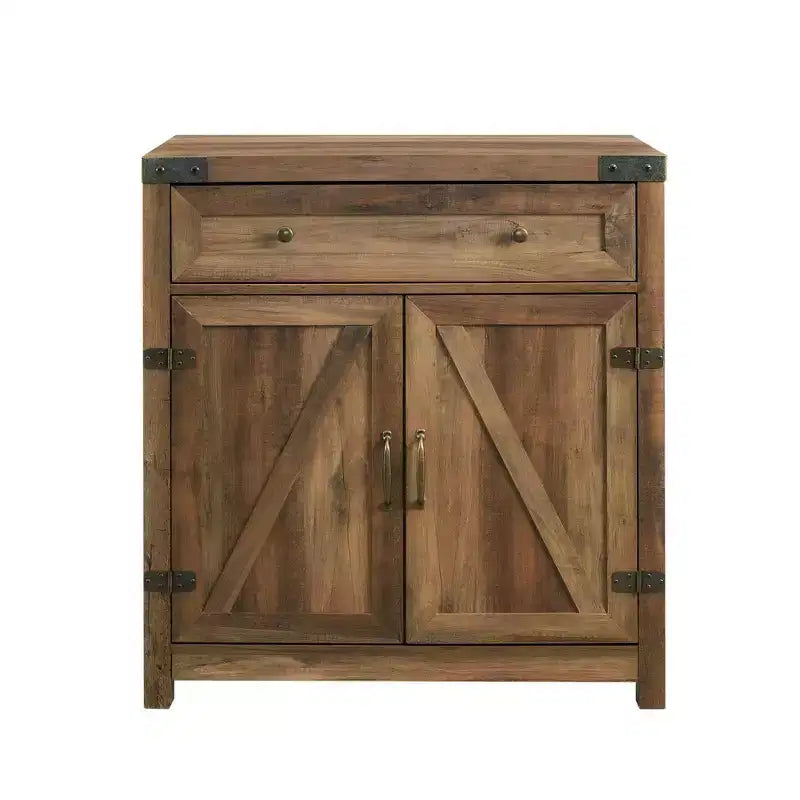Rustic Farmhouse Barn Door Accent Cabinet with Drawer and Adjustable Shelf