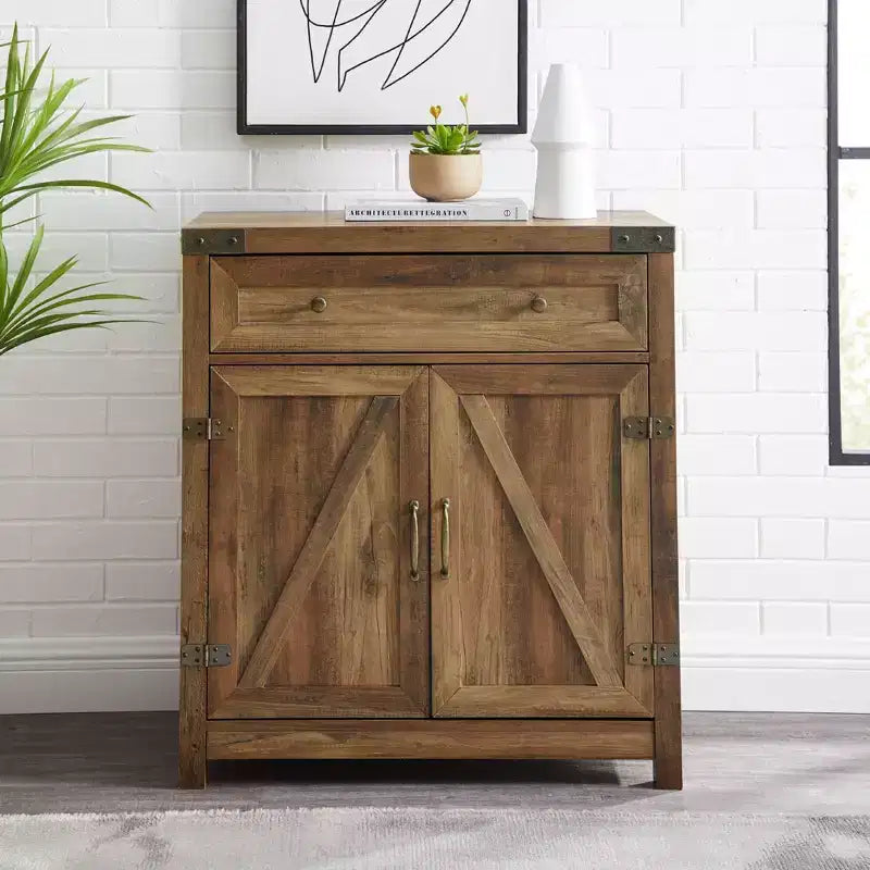 Rustic Farmhouse Barn Door Accent Cabinet with Drawer and Adjustable Shelf