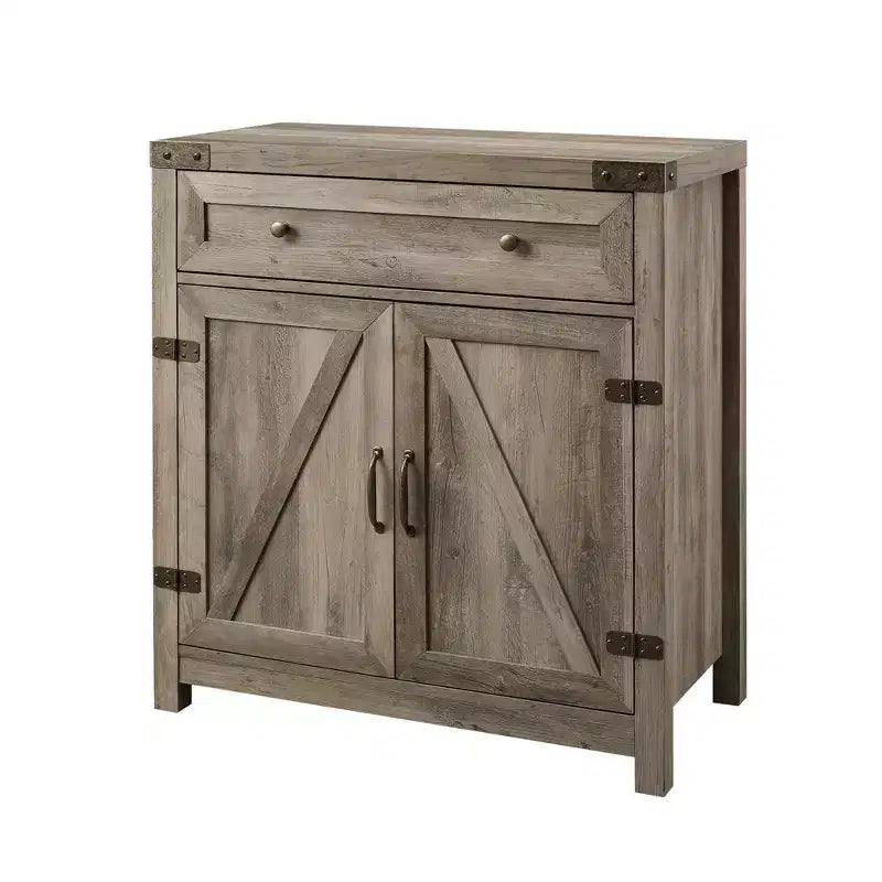 Rustic Farmhouse Barn Door Accent Cabinet with Drawer and Adjustable Shelf