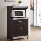 Îlot de cuisine roulant avec chariot à micro-ondes, tiroir coulissant et rangement, gris chocolat