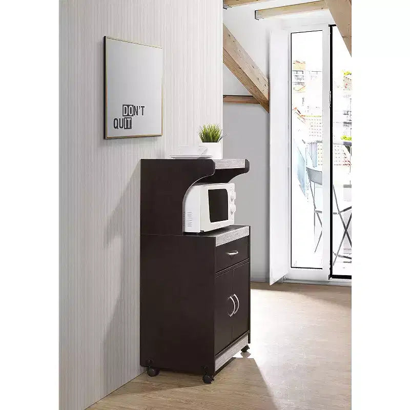 Wheeled Kitchen Island Microwave Cart with Pull-Out Drawer and Cabinet Storage, Chocolate Grey