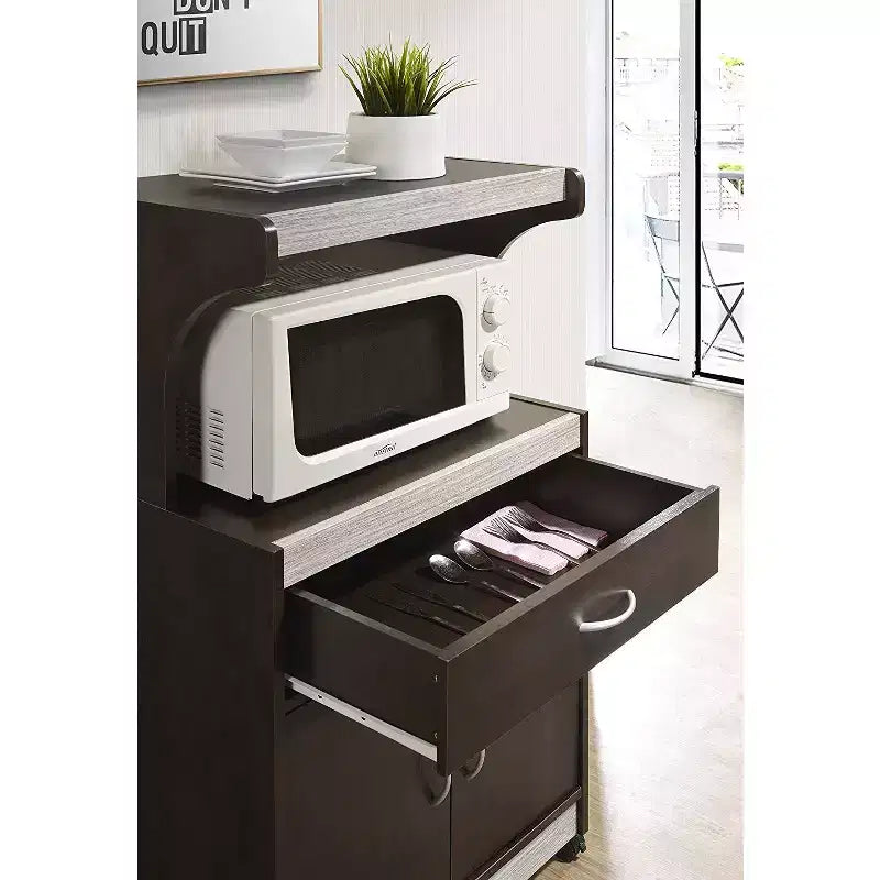 Wheeled Kitchen Island Microwave Cart with Pull-Out Drawer and Cabinet Storage, Chocolate Grey