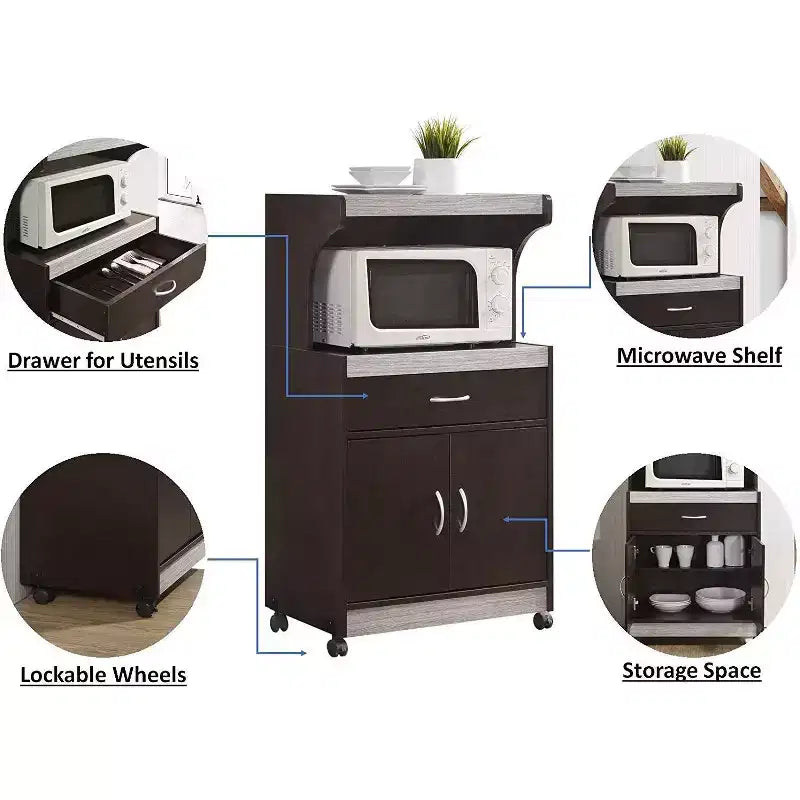 Wheeled Kitchen Island Microwave Cart with Pull-Out Drawer and Cabinet Storage, Chocolate Grey