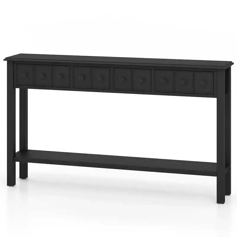 60" Retro Console Table with 4 Drawers and Open Shelf, White/Black