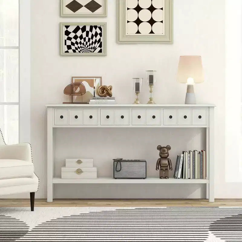 60" Retro Console Table with 4 Drawers and Open Shelf, White/Black