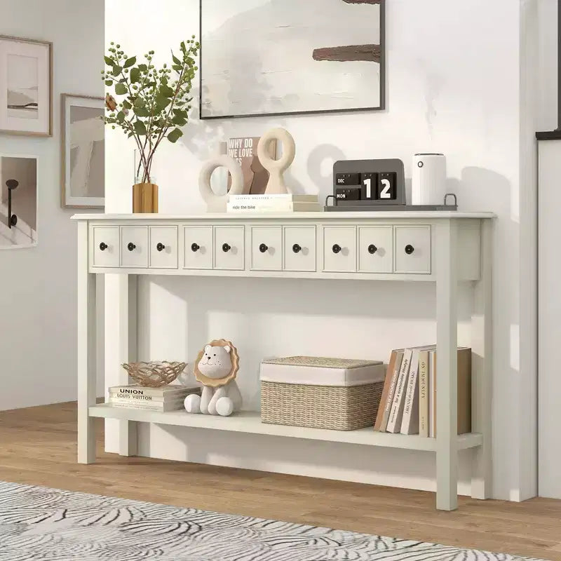 60" Retro Console Table with 4 Drawers and Open Shelf, White/Black