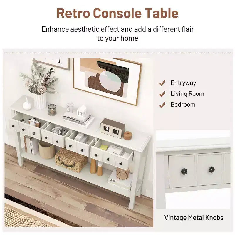 60" Retro Console Table with 4 Drawers and Open Shelf, White/Black