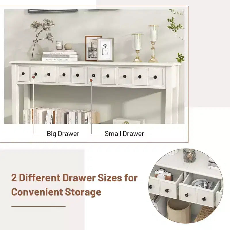 60" Retro Console Table with 4 Drawers and Open Shelf, White/Black