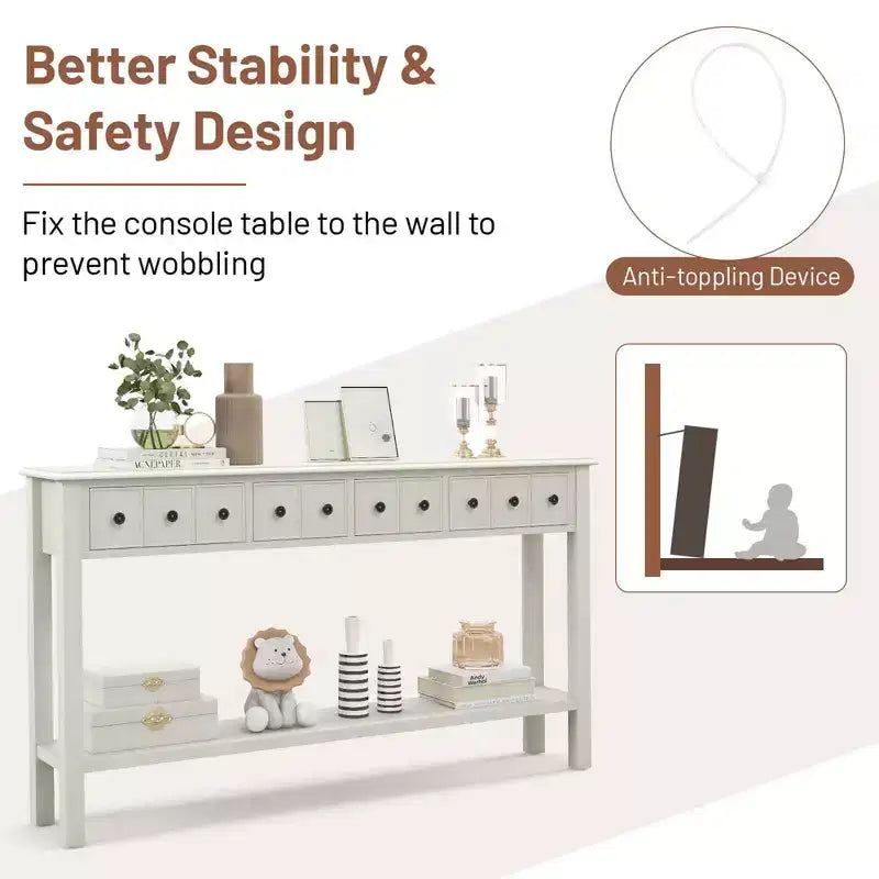 60" Retro Console Table with 4 Drawers and Open Shelf, White/Black