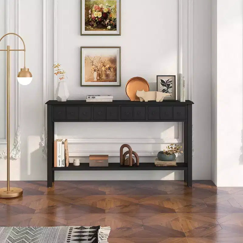 60" Retro Console Table with 4 Drawers and Open Shelf, White/Black