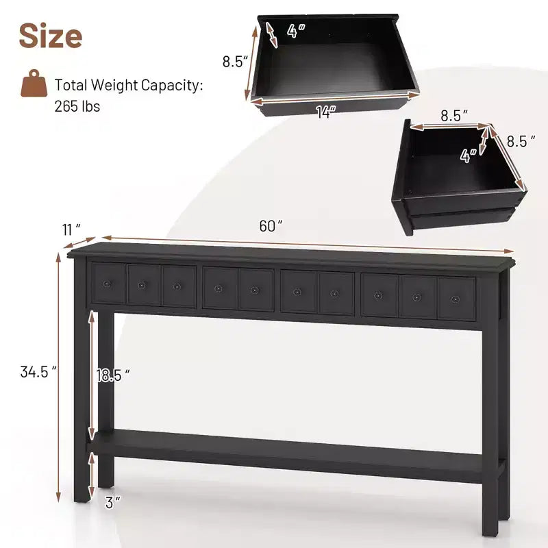 60" Retro Console Table with 4 Drawers and Open Shelf, White/Black