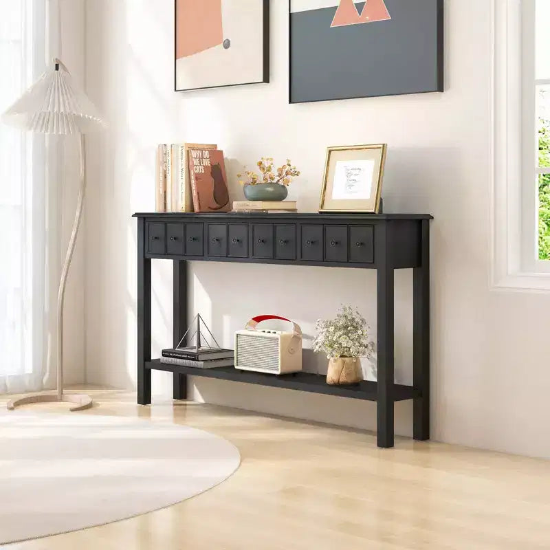 60" Retro Console Table with 4 Drawers and Open Shelf, White/Black