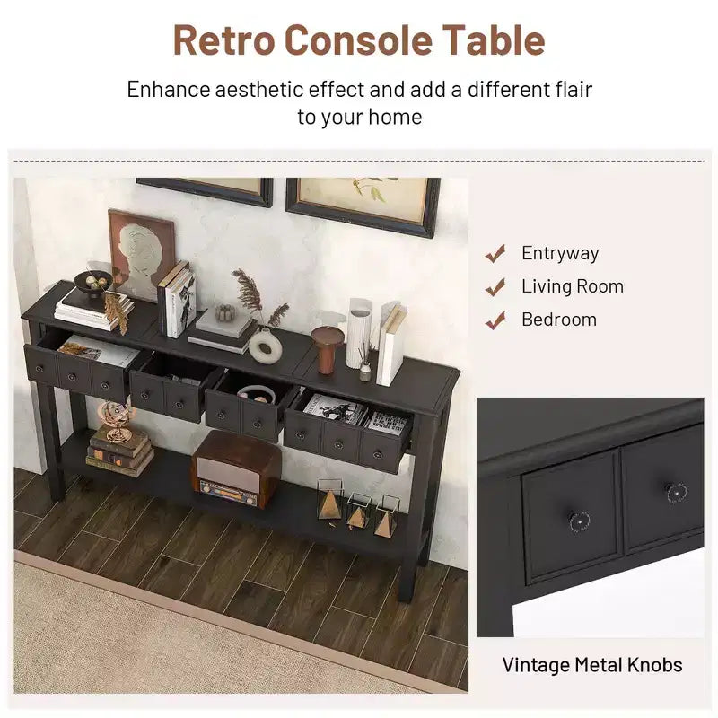 60" Retro Console Table with 4 Drawers and Open Shelf, White/Black