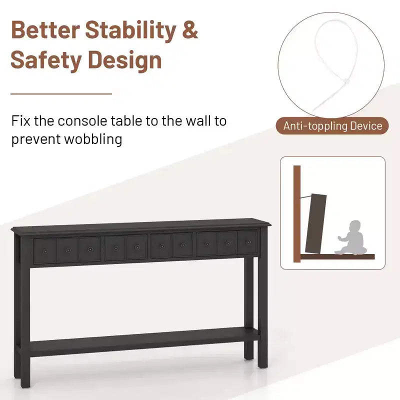 60" Retro Console Table with 4 Drawers and Open Shelf, White/Black