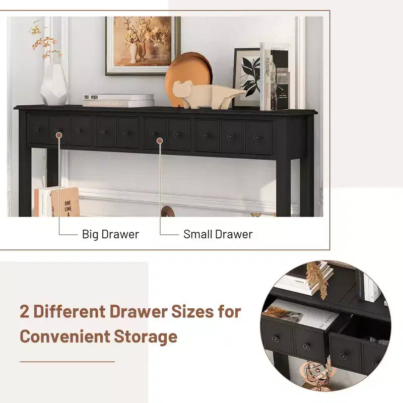 60" Retro Console Table with 4 Drawers and Open Shelf, White/Black