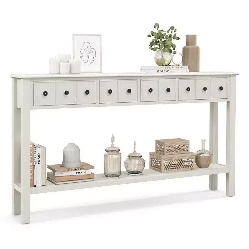 60" Retro Console Table with 4 Drawers and Open Shelf, White/Black