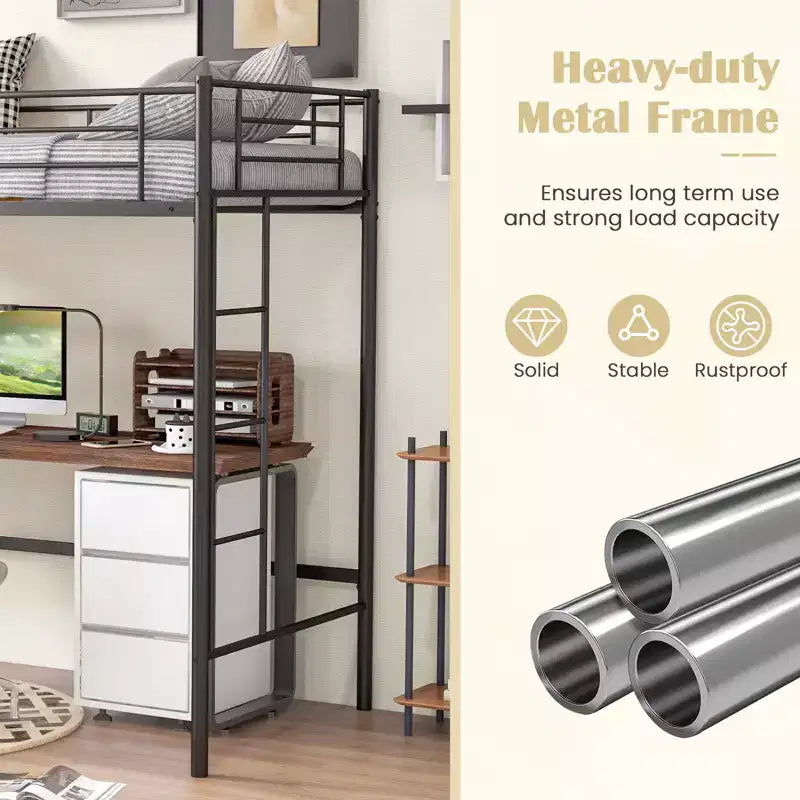 Twin Size Loft Bed, Heavy Duty Metal Frame with Safety Guardrail