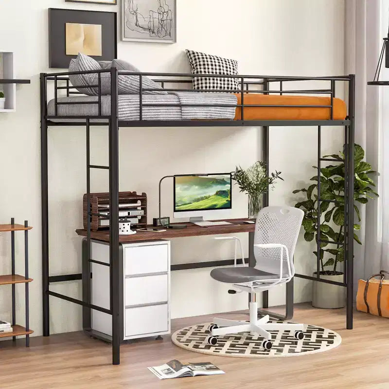 Twin Size Loft Bed, Heavy Duty Metal Frame with Safety Guardrail