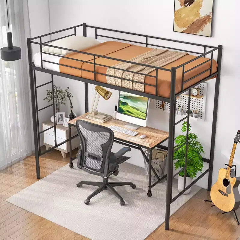 Twin Size Loft Bed, Heavy Duty Metal Frame with Safety Guardrail