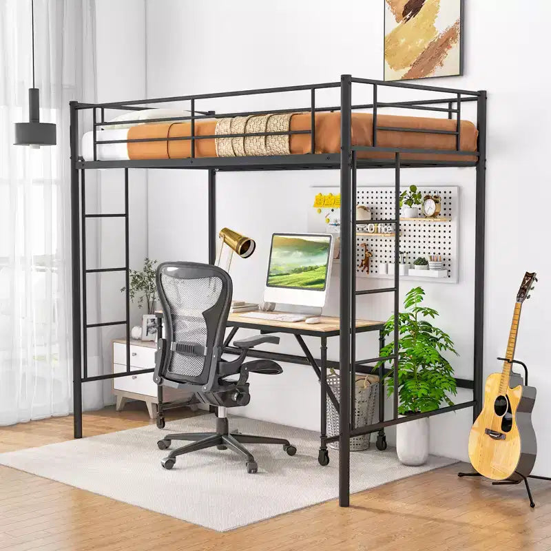 Twin Size Loft Bed, Heavy Duty Metal Frame with Safety Guardrail