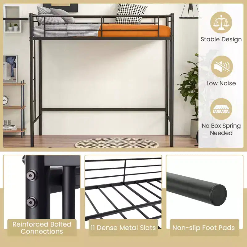 Twin Size Loft Bed, Heavy Duty Metal Frame with Safety Guardrail