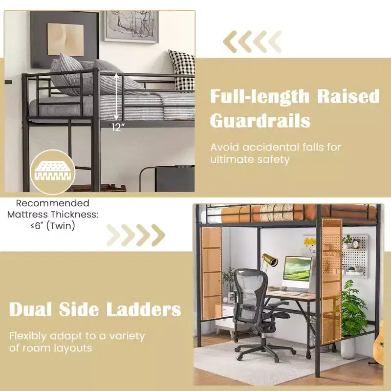 Twin Size Loft Bed, Heavy Duty Metal Frame with Safety Guardrail