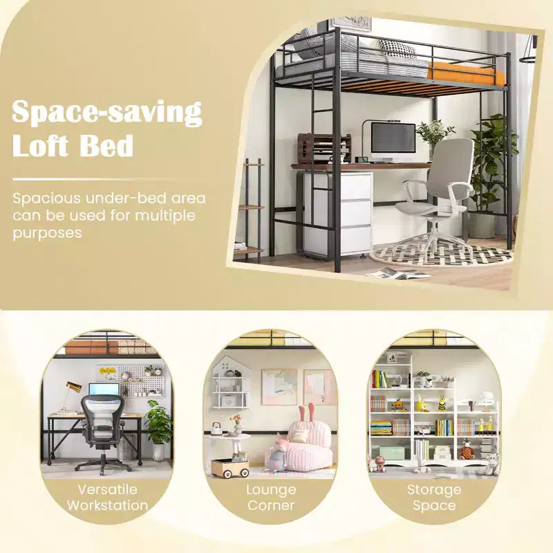 Twin Size Loft Bed, Heavy Duty Metal Frame with Safety Guardrail