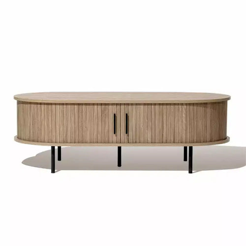 LuxenHome Oval Coffee Table with Storage, 47 Mid Century Modern Fluted Storage Center Table with Sliding Door for Home, Living Room,Office Brown