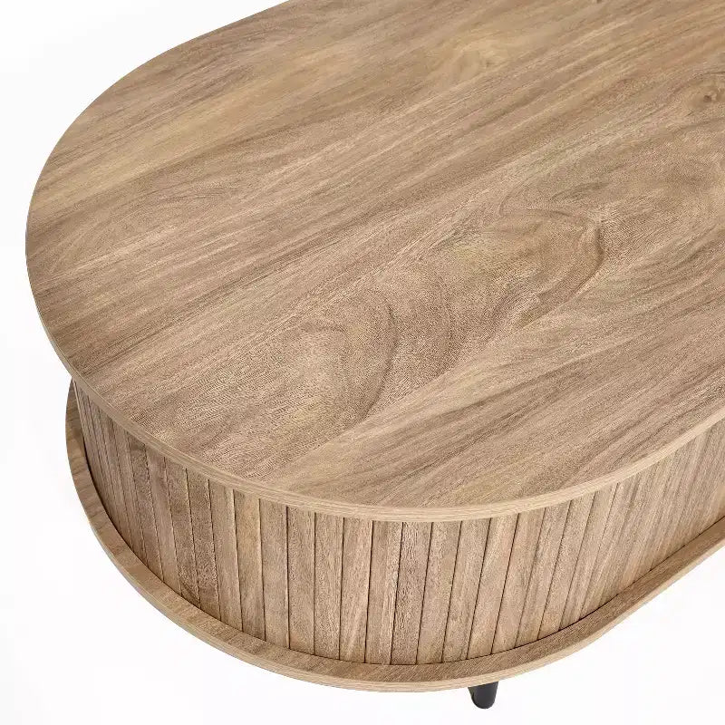 47" Oval Coffee Table with Sliding Door Storage, Mid Century Modern Fluted Design, Brown