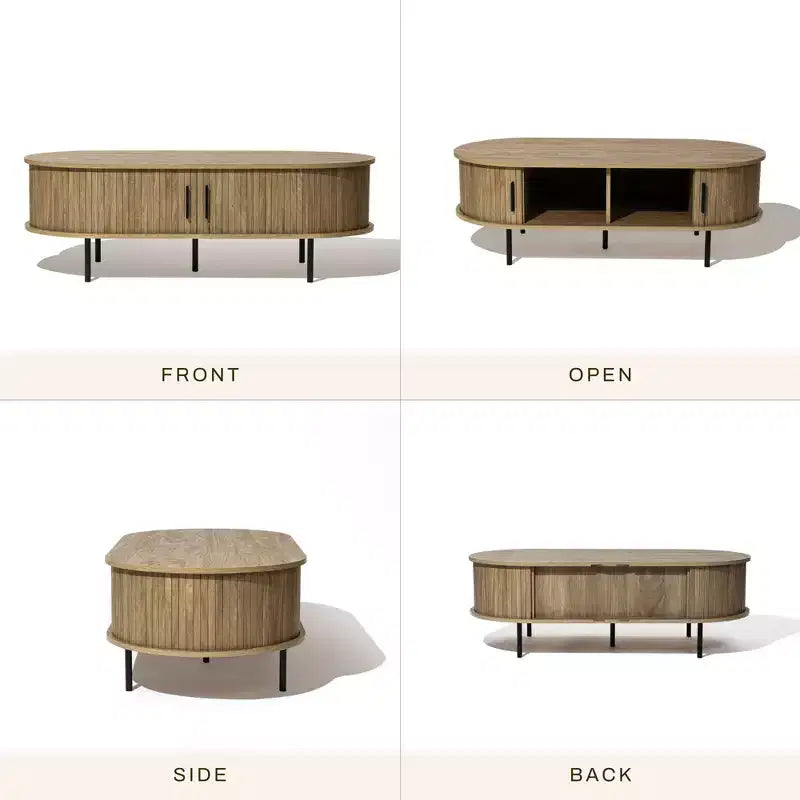 47" Oval Coffee Table with Sliding Door Storage, Mid Century Modern Fluted Design, Brown