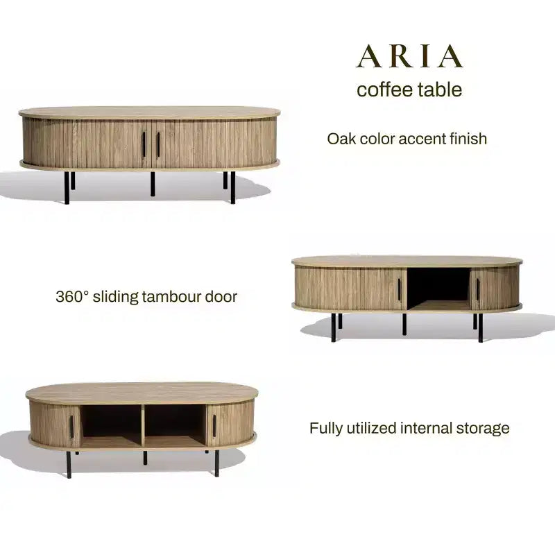 47" Oval Coffee Table with Sliding Door Storage, Mid Century Modern Fluted Design, Brown