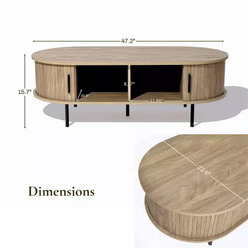 47" Oval Coffee Table with Sliding Door Storage, Mid Century Modern Fluted Design, Brown