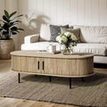 47" Oval Coffee Table with Sliding Door Storage, Mid Century Modern Fluted Design, Brown