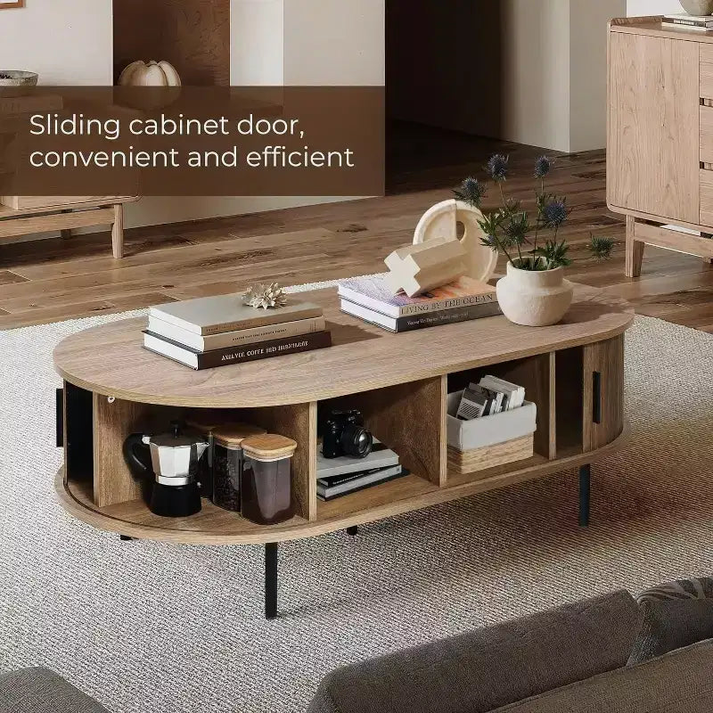 47" Oval Coffee Table with Sliding Door Storage, Mid Century Modern Fluted Design, Brown