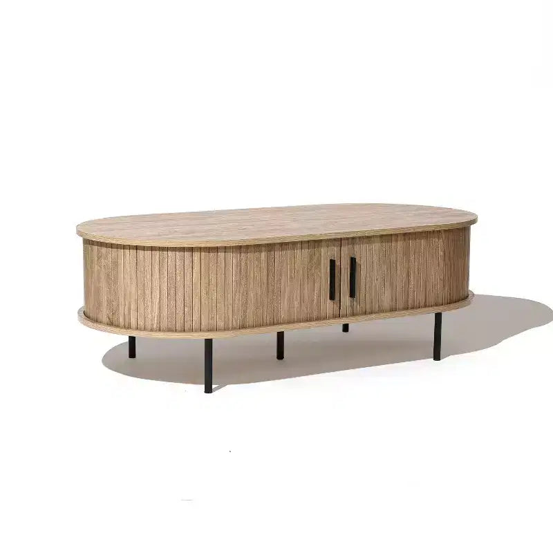 47" Oval Coffee Table with Sliding Door Storage, Mid Century Modern Fluted Design, Brown