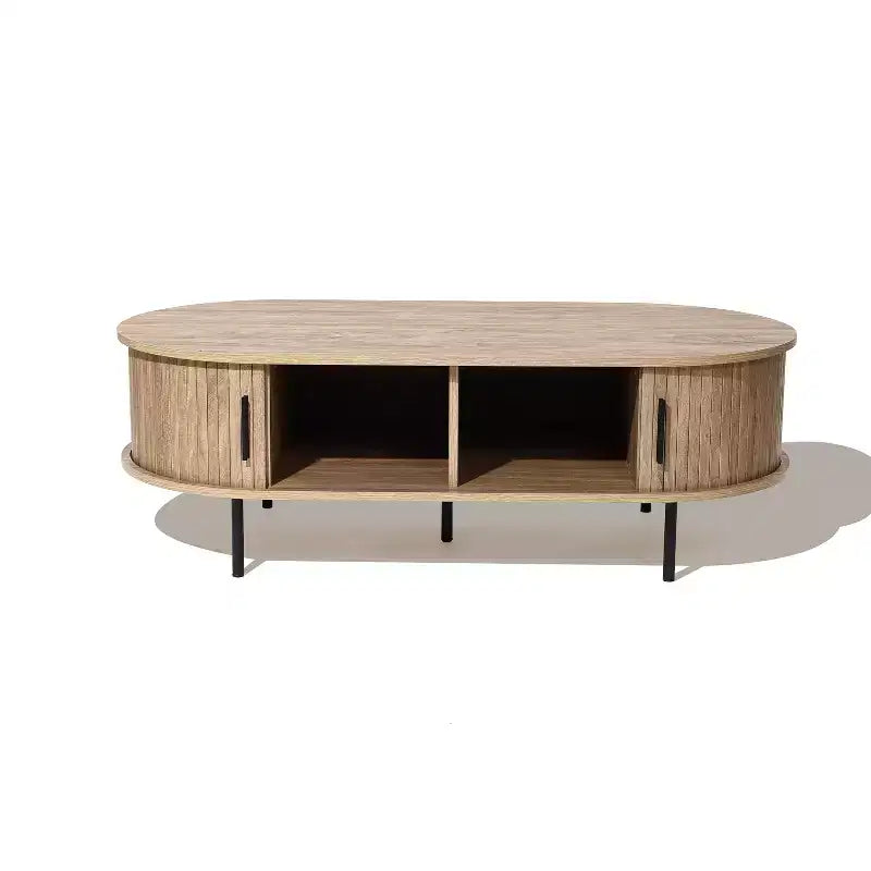 47" Oval Coffee Table with Sliding Door Storage, Mid Century Modern Fluted Design, Brown