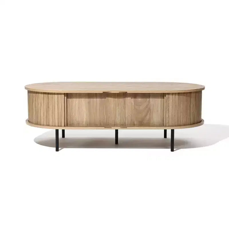47" Oval Coffee Table with Sliding Door Storage, Mid Century Modern Fluted Design, Brown