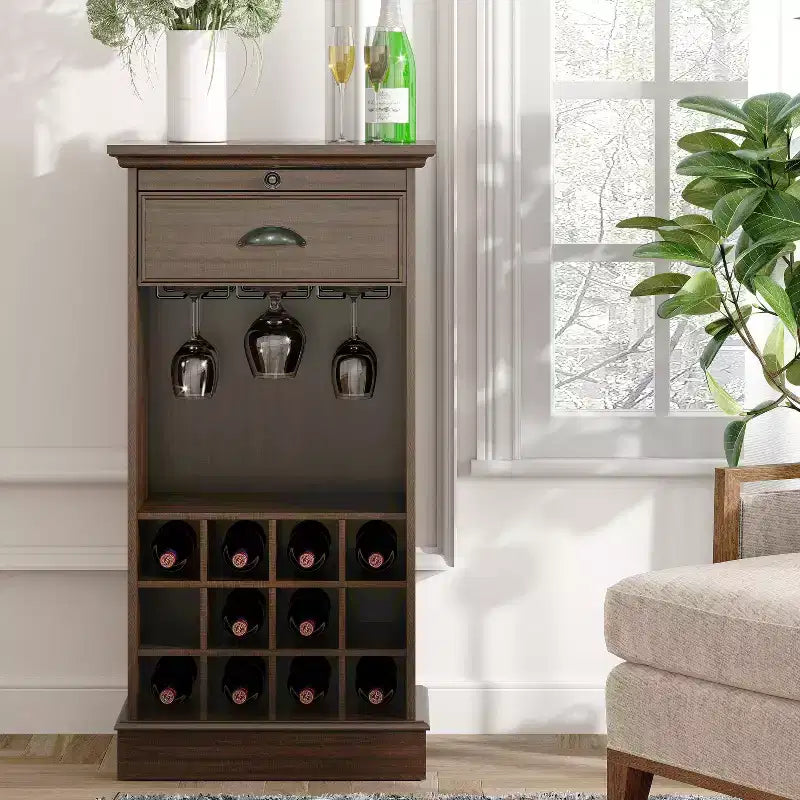 Wine Cabinet with Stemware Rack, Pull-Out Tray, and Drawer