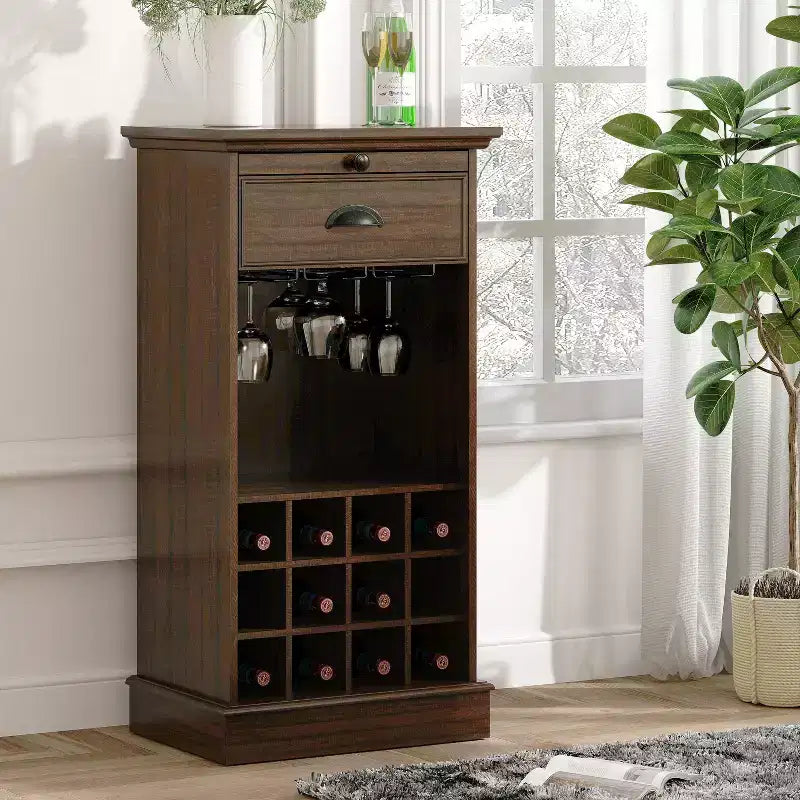 Wine Cabinet with Stemware Rack, Pull-Out Tray, and Drawer