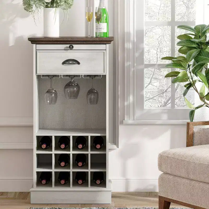 Wine Cabinet with Stemware Rack, Pull-Out Tray, and Drawer