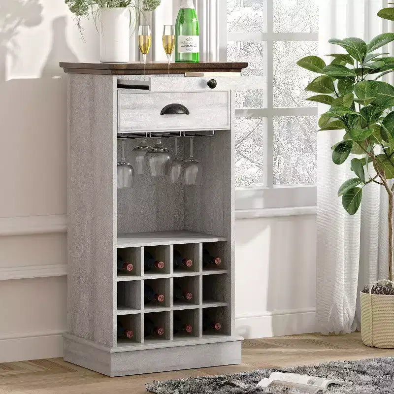 Wine Cabinet with Stemware Rack, Pull-Out Tray, and Drawer