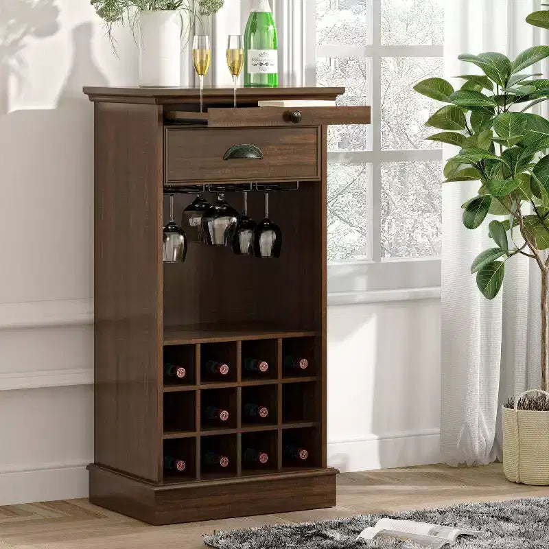 Wine Cabinet with Stemware Rack, Pull-Out Tray, and Drawer