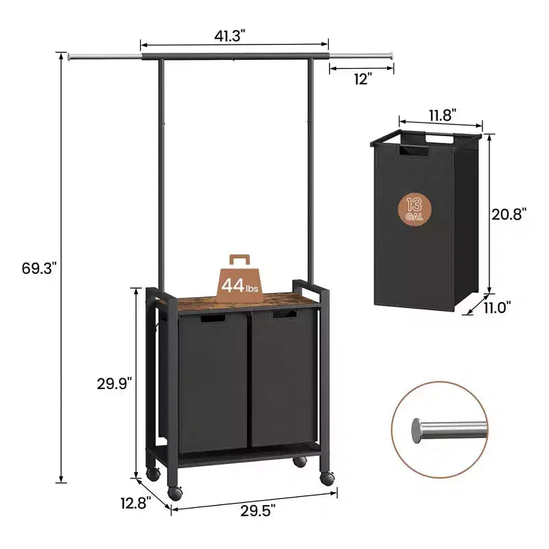 Laundry Sorter, Rolling Laundry Hamper with Hanging Rack, Laundry Hamper 3-Section with Wheels, Rustic Brown