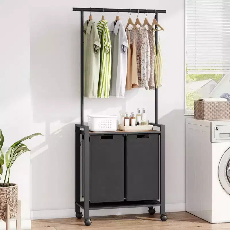 Laundry Sorter, Rolling Laundry Hamper with Hanging Rack, Laundry Hamper 3-Section with Wheels, Rustic Brown