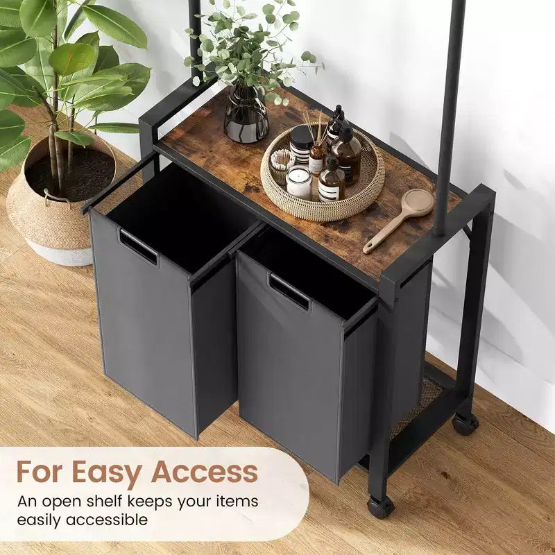 Laundry Sorter, Rolling Laundry Hamper with Hanging Rack, Laundry Hamper 3-Section with Wheels, Rustic Brown