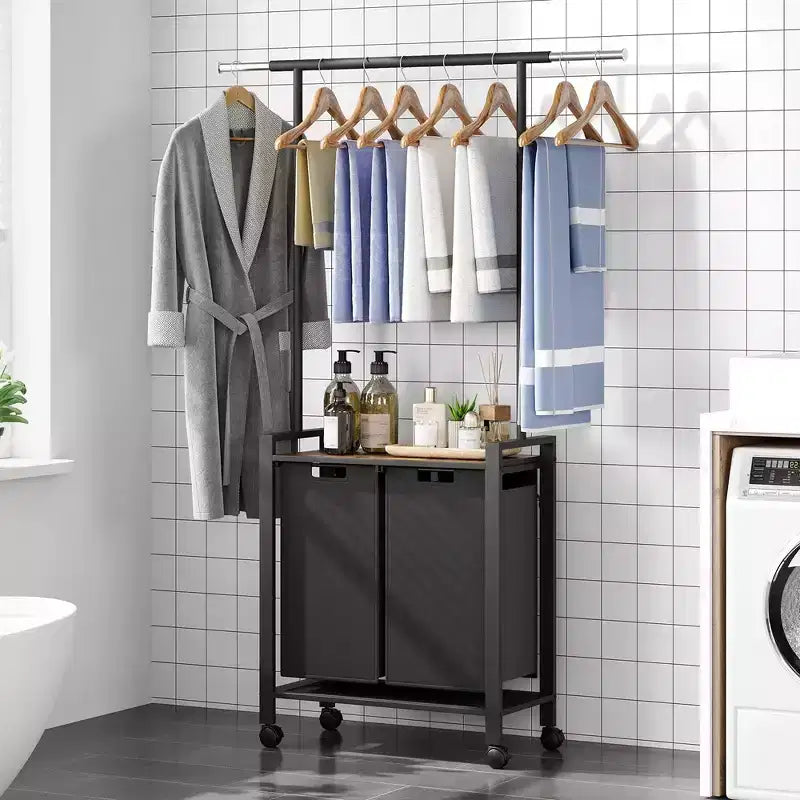 Laundry Sorter, Rolling Laundry Hamper with Hanging Rack, Laundry Hamper 3-Section with Wheels, Rustic Brown