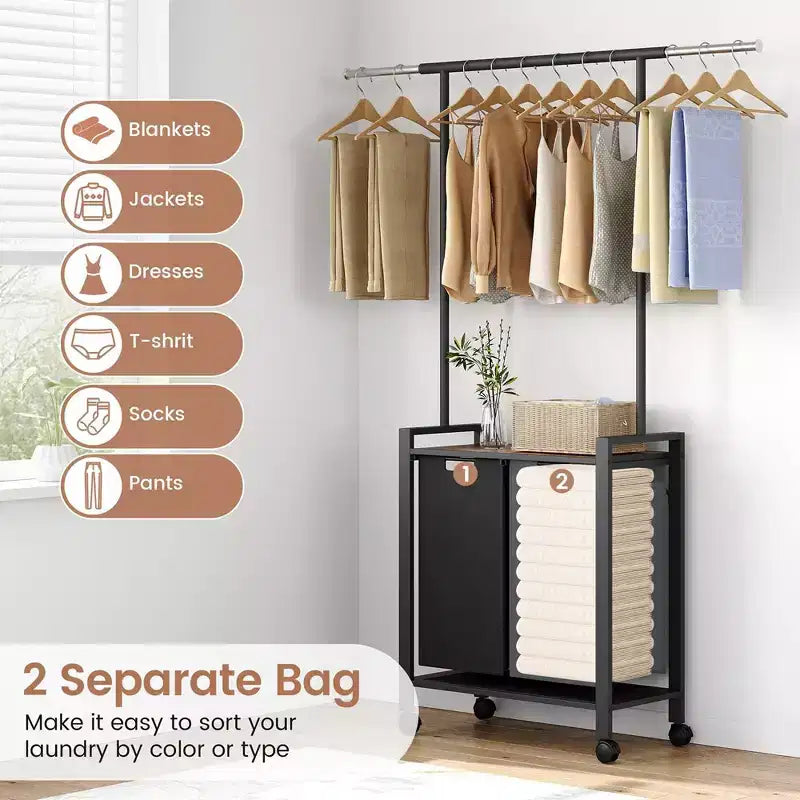 Laundry Sorter, Rolling Laundry Hamper with Hanging Rack, Laundry Hamper 3-Section with Wheels, Rustic Brown