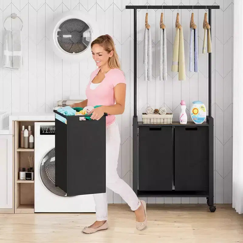 Laundry Sorter, Rolling Laundry Hamper with Hanging Rack, Laundry Hamper 3-Section with Wheels, Rustic Brown