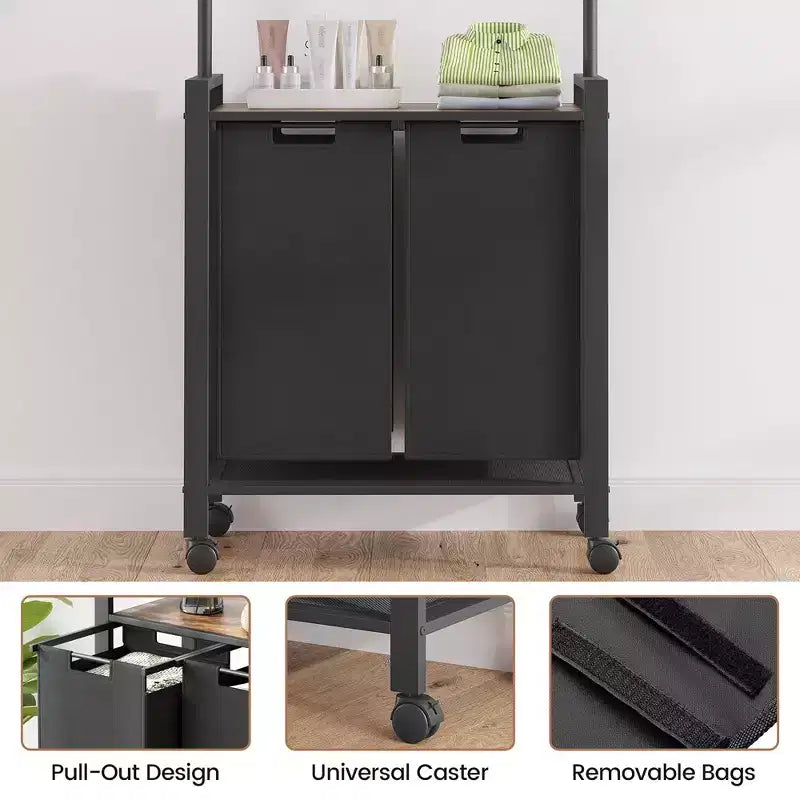 Laundry Sorter, Rolling Laundry Hamper with Hanging Rack, Laundry Hamper 3-Section with Wheels, Rustic Brown