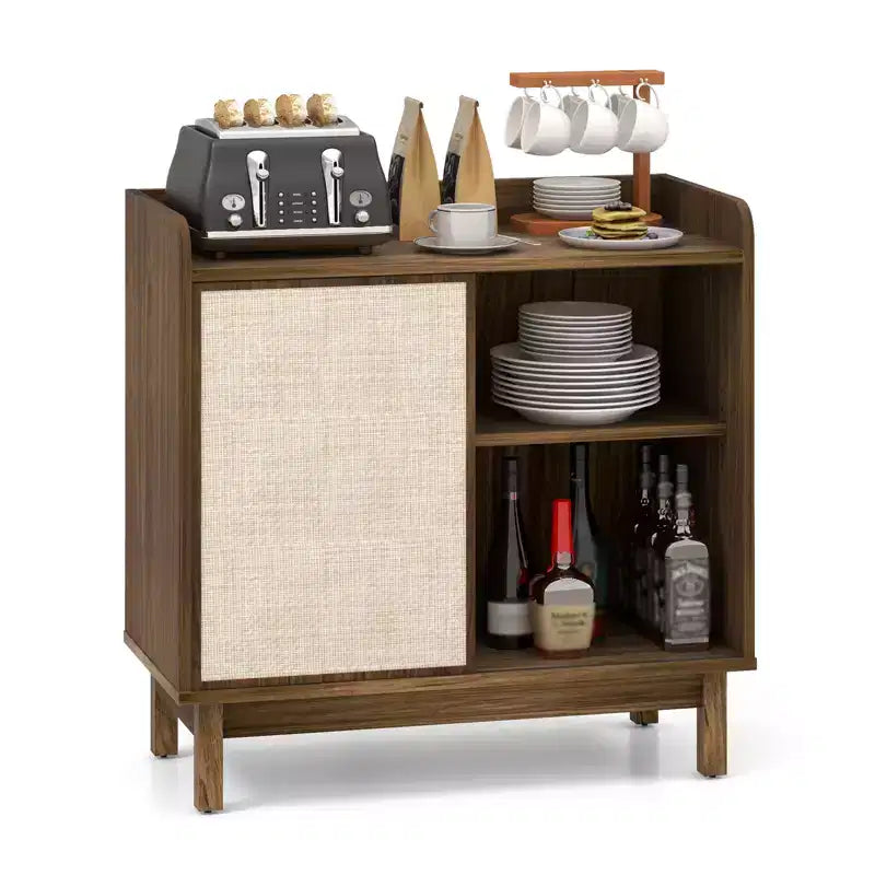 Rattan Sideboard Cabinet, Farmhouse Buffet Storage with Sliding Door and 2 Adjustable Shelves